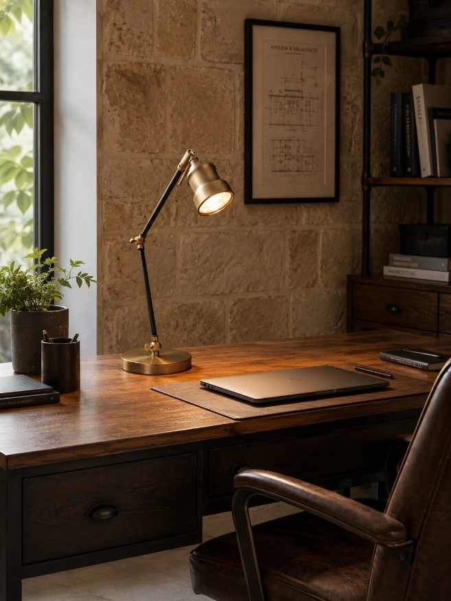 focus sur les luminaires de style industriel avec cette lampe articulée éclairant un bureau en bois
